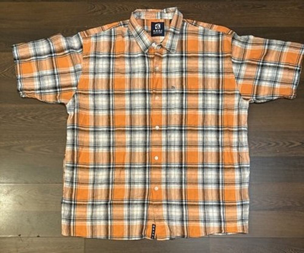 Vtg Karl Kani Orange Plaid Linen Cotton Shirt Men XXL 2XL